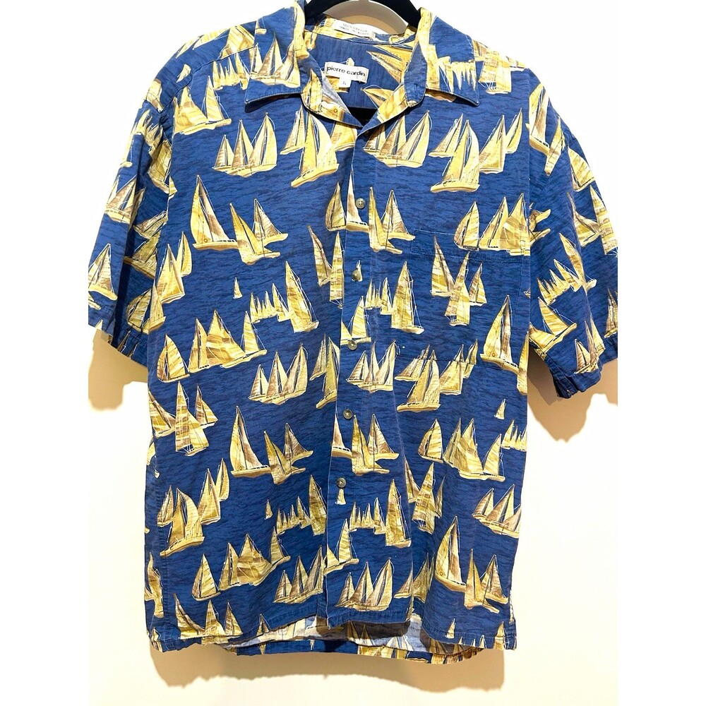 Pierre Cardin Men's L Blue/Beige Nautical S/S Button-Up Shirt Pockets